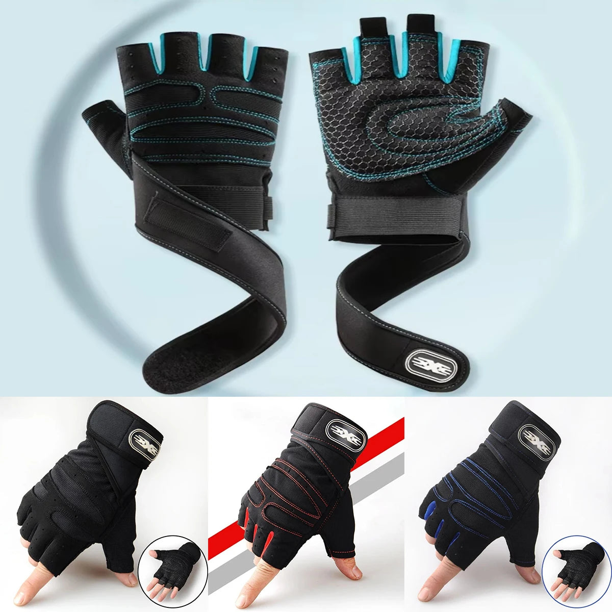 Pair of black training gloves with blue wrist ties and padded grip knuckles