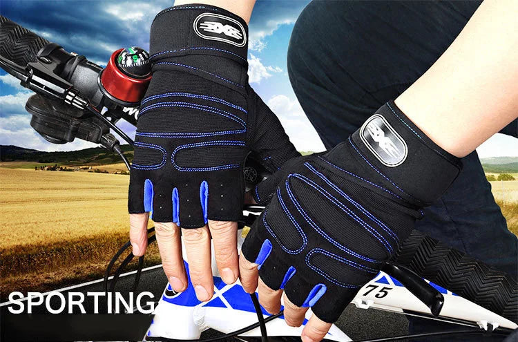 Black training gloves with blue stitching and padded palms for handle gripping