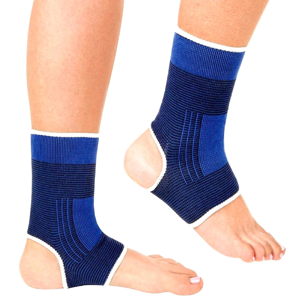 Pair of blue ankle sleeves with white trim and open-toe design for feet