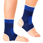 Pair of blue ankle sleeves with white trim and open-toe design for feet