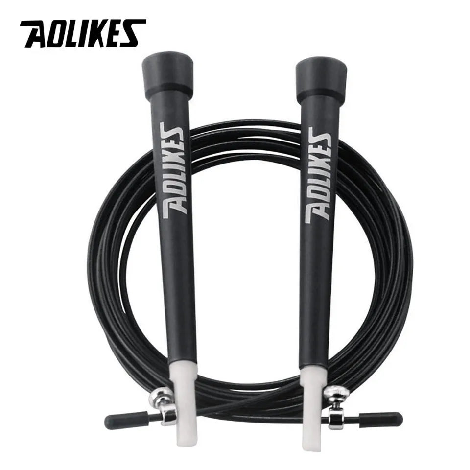 Adjustable steel wire jump rope with black foam handles and black steel cable