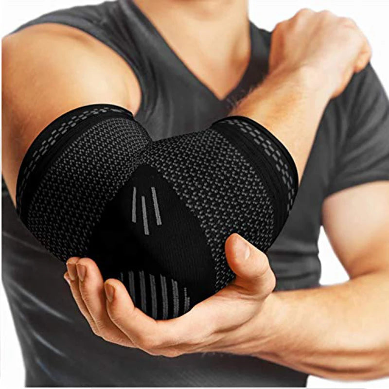 Compression elbow guards pair in black mesh knit with central support panel and stripes