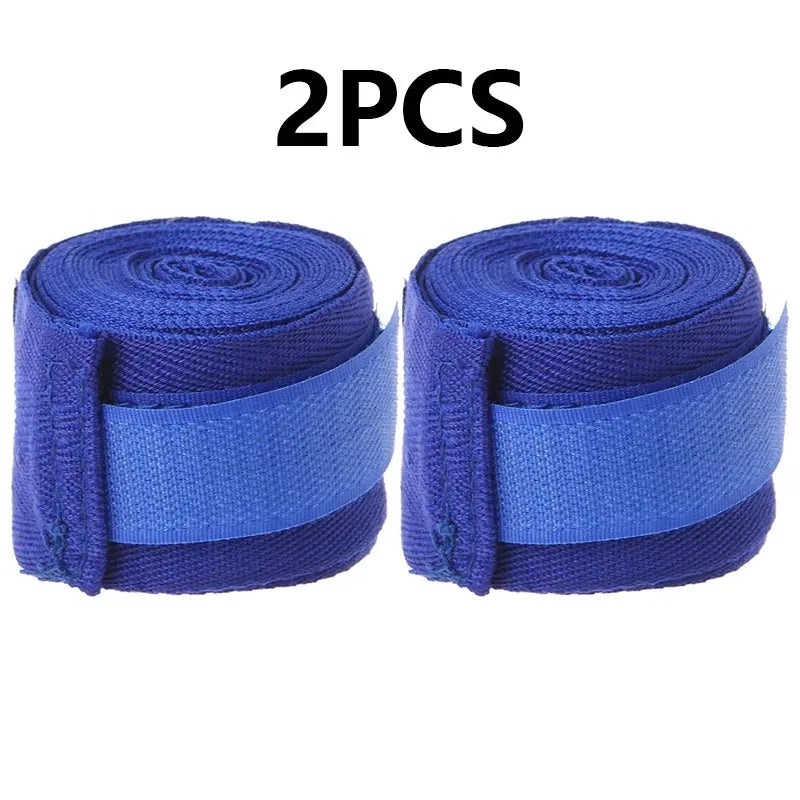 Two blue cotton wrist wrap rolls with stitched loop-closure strips