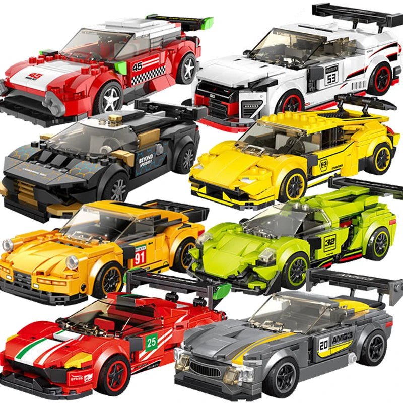 Set of racing car building block models in red, white, yellow, and green