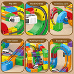 Electric cube track rails with train car and varied track section shapes