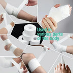White sports strapping tape wraps across multiple body parts and joints