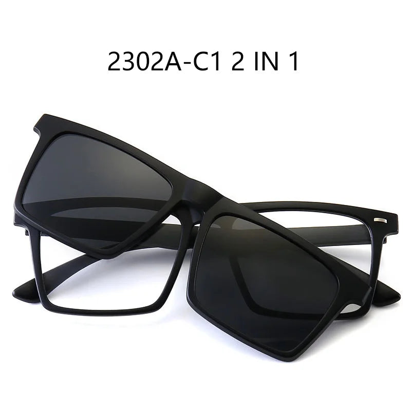 AN magnetic clip-on glasses with black frames and dark lenses