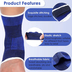 Blue knitted ankle sleeve with white trim, ribbed texture and elastic cuff