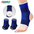 Blue ankle guard sleeve with white trim, ribbed knit cuff and circular heel pad opening