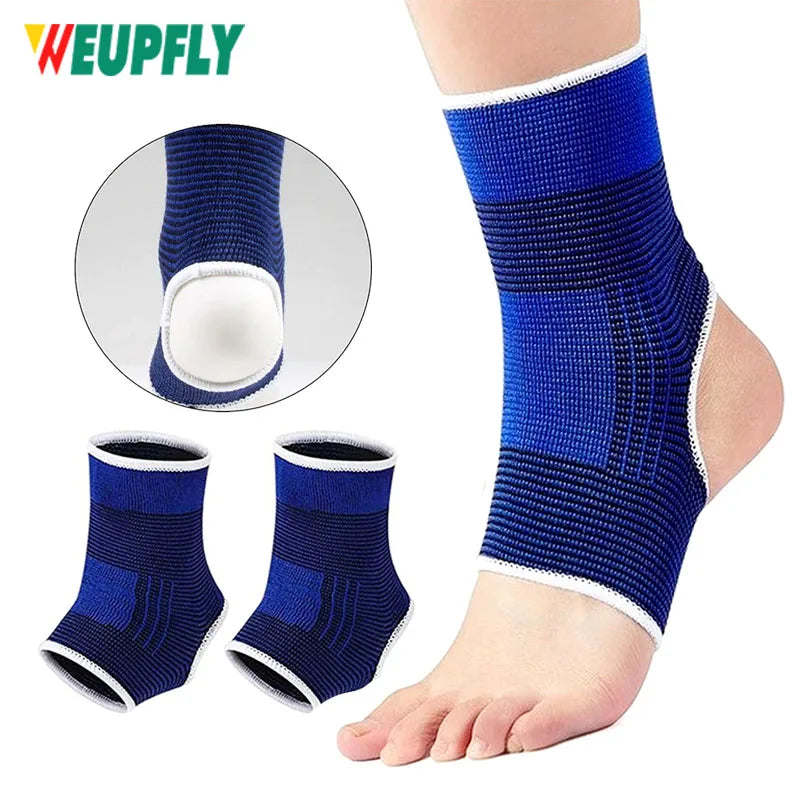 Blue ankle guard sleeve with white trim, ribbed knit cuff and circular heel pad opening