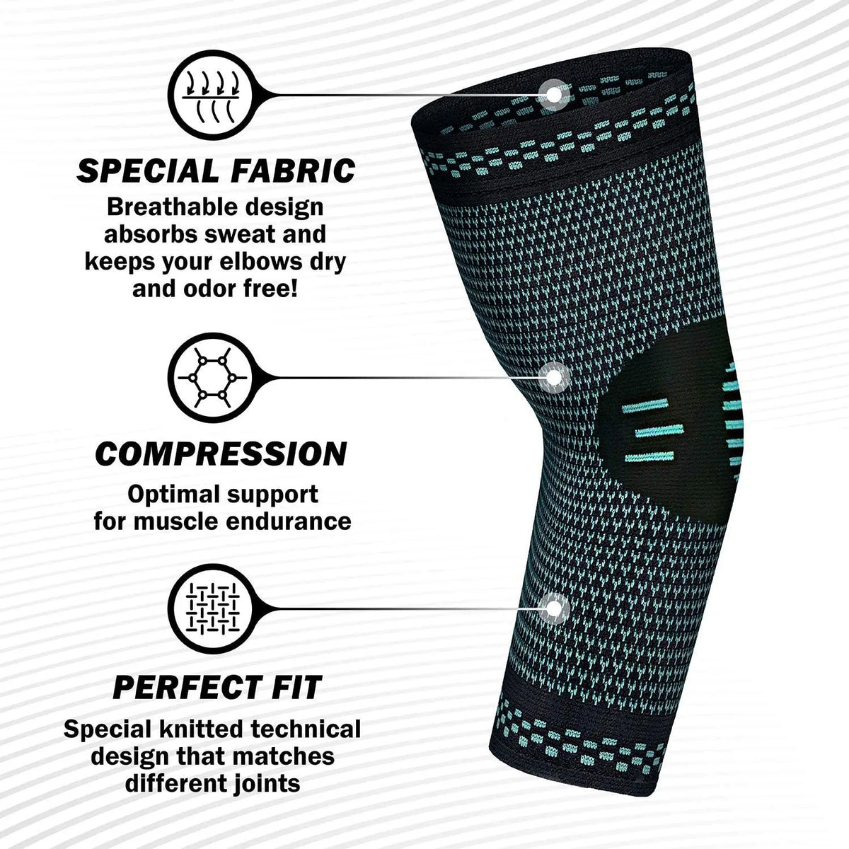 Elbow guard fabric and compression diagram with dark mesh sleeve and teal stripes