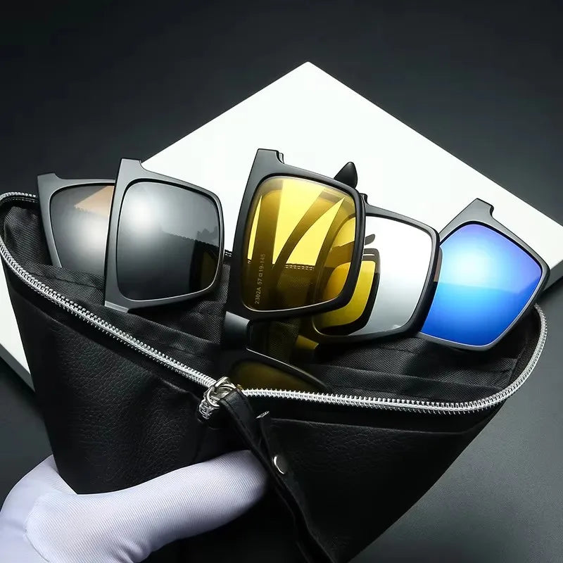 Clip-on sunglasses set with assorted colored lenses inside a black pouch