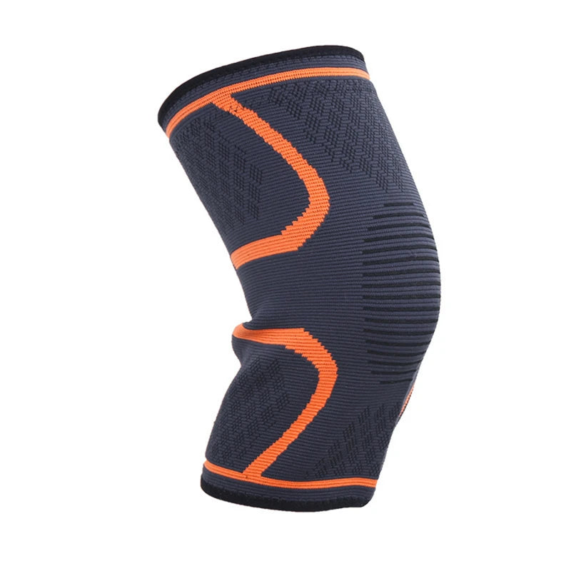 Black knee sleeve with orange U-shaped support bands and ribbed side weave.