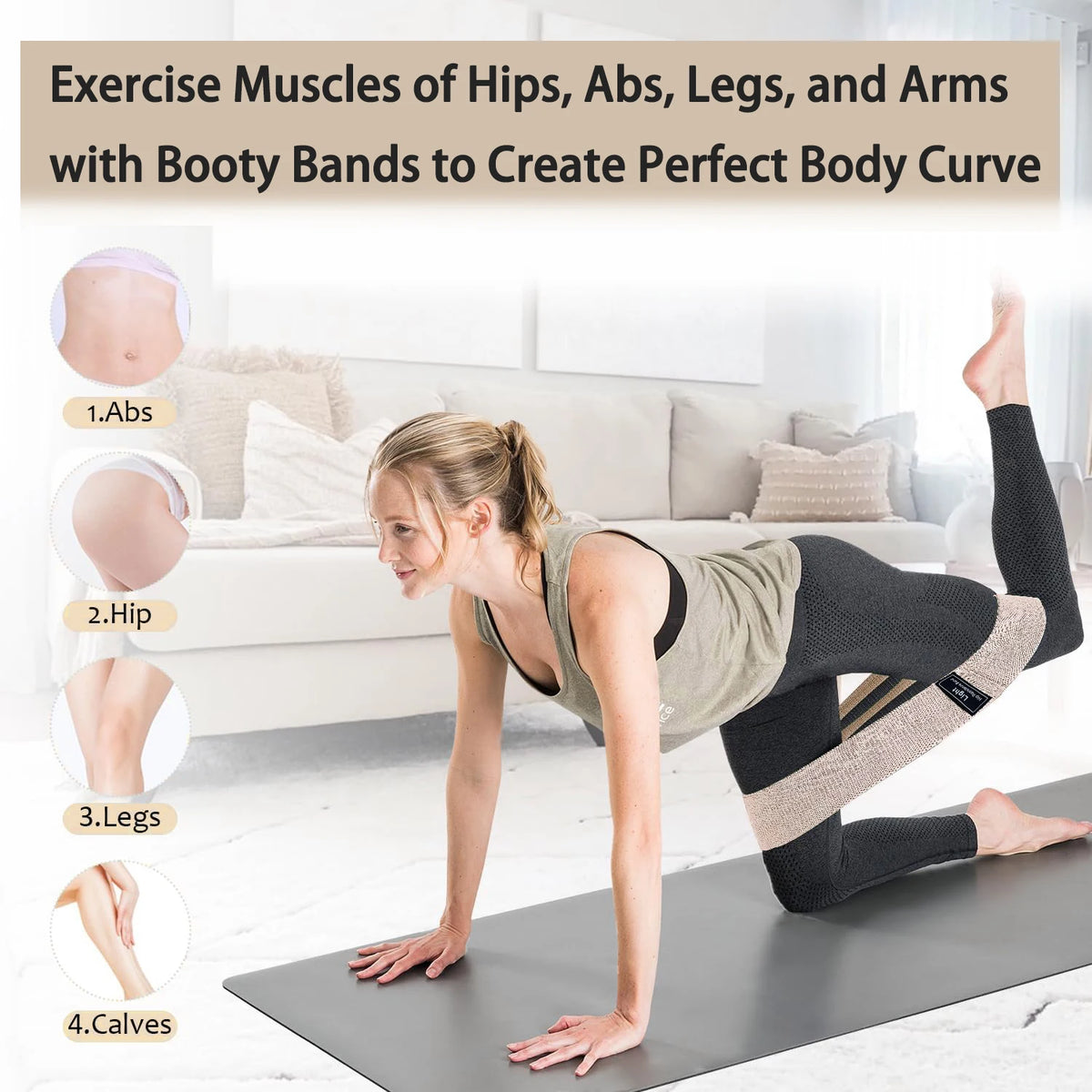 Resistance band around thighs during kneeling hip workout