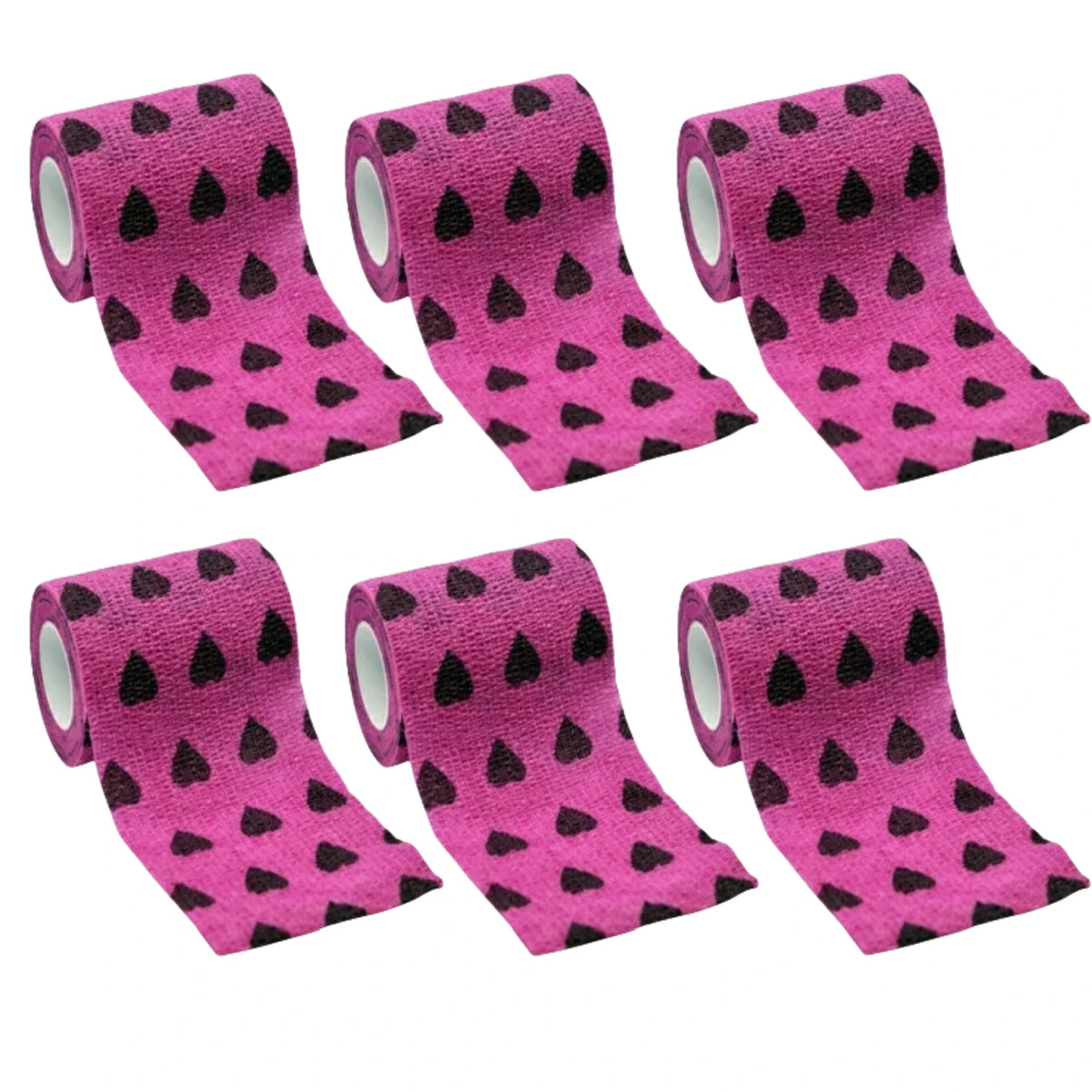 Set of pink self-adhesive bandage strips with black spotted pattern and rolls