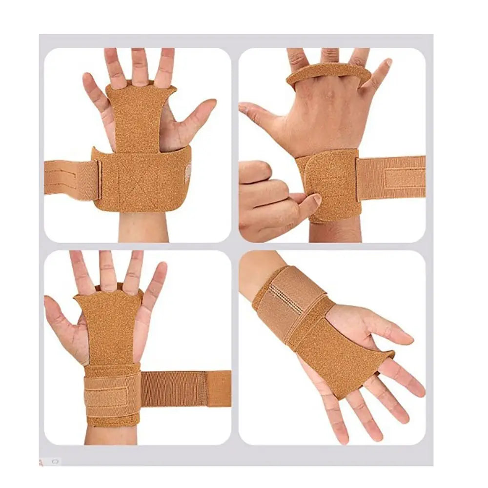 Aerial apparatus grip wraps pair, tan, shown on hands from multiple angles with straps