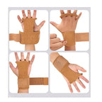 Aerial apparatus grip wraps pair, tan, shown on hands from multiple angles with straps