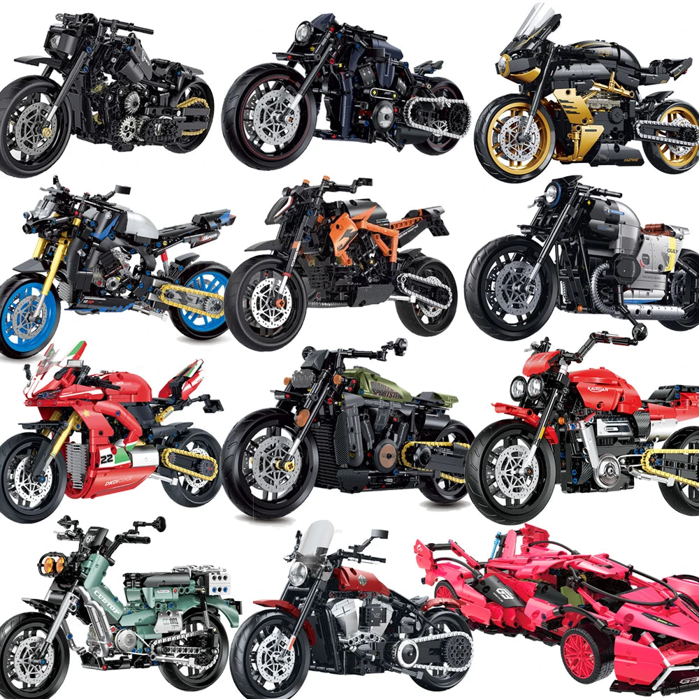 Assorted motorcycle building block models, multiple colors and angles