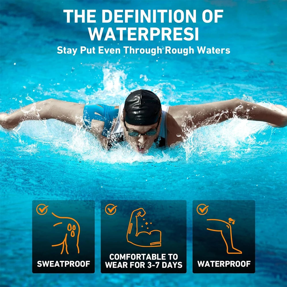 Blue kinesiology tape on swimmer’s shoulders and upper chest area