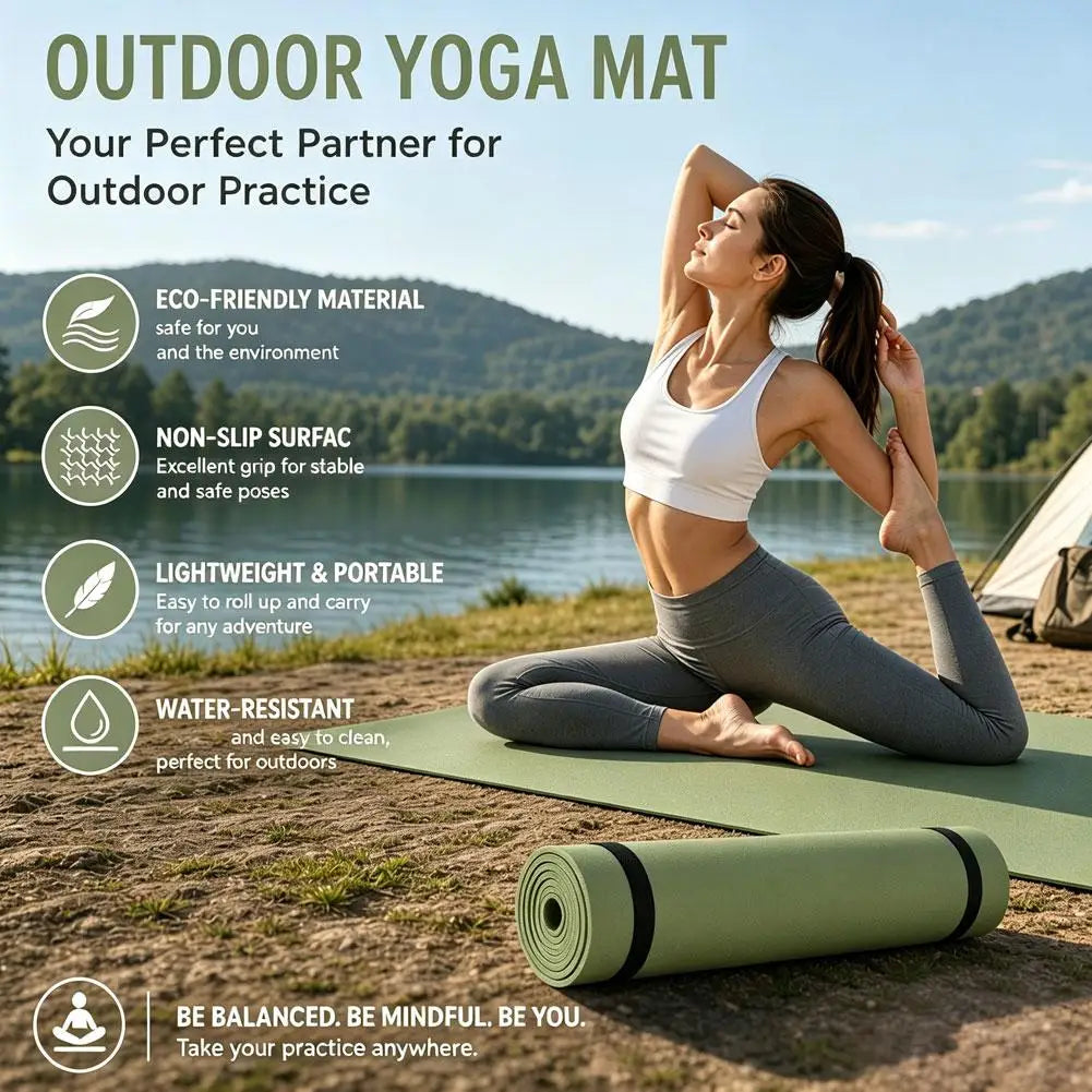 Outdoor olive green yoga mat, rolled cylinder with woman practicing on the mat