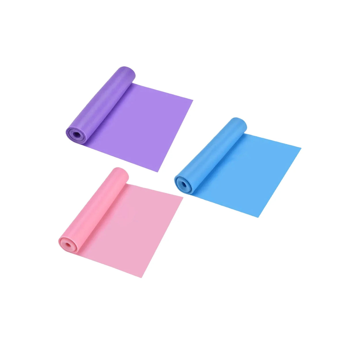 Assorted resistance band rolls in purple, pink, and blue colors