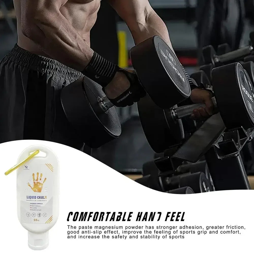 Liquid magnesium grip bottle with golden handprint label and dispensing nozzle