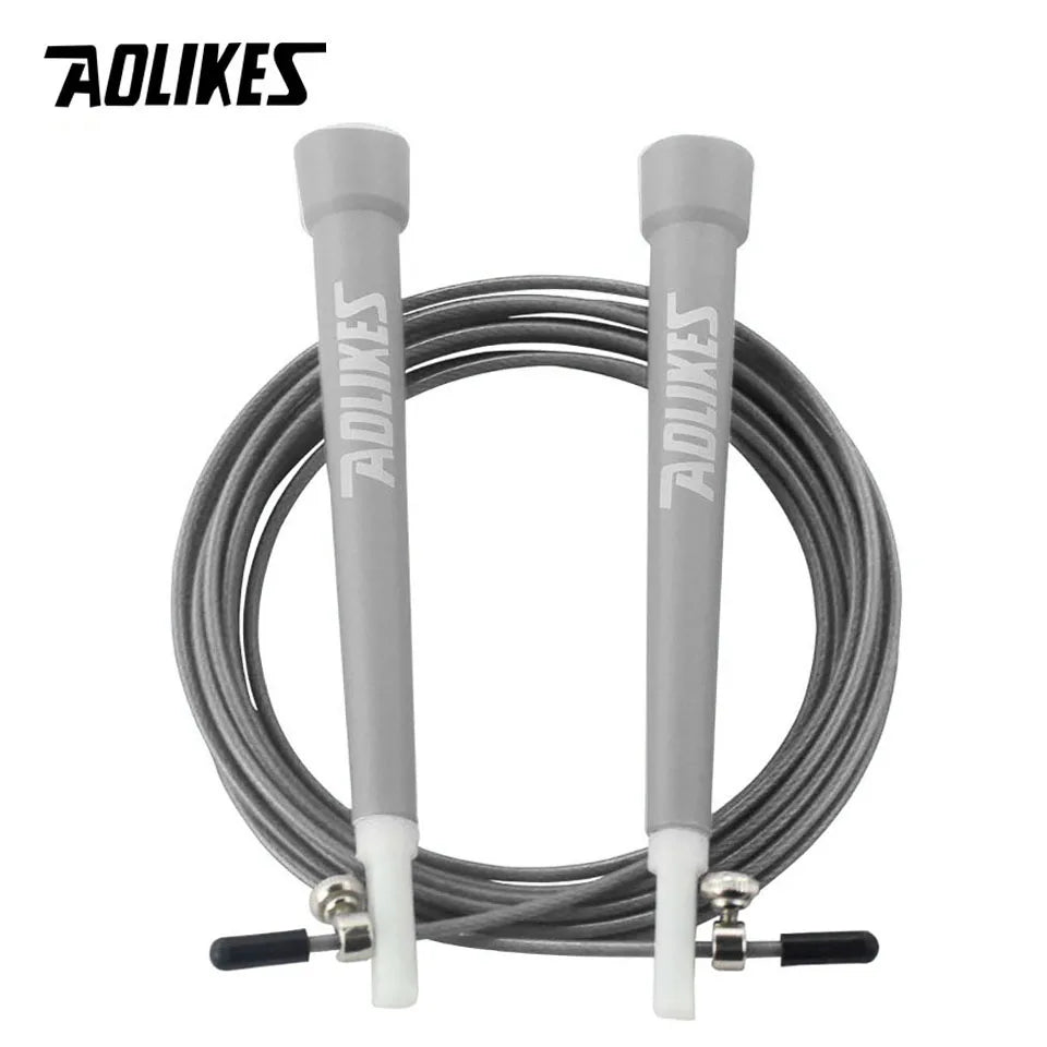 Adjustable steel wire jump rope with gray foam handles and gray steel cable