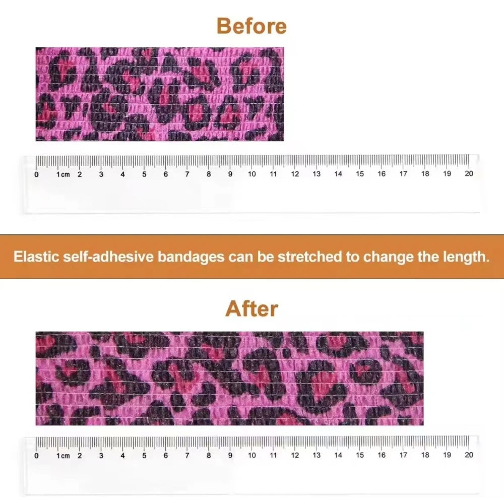 Pink leopard-pattern self-adhesive bandage, before and after length stretch demo