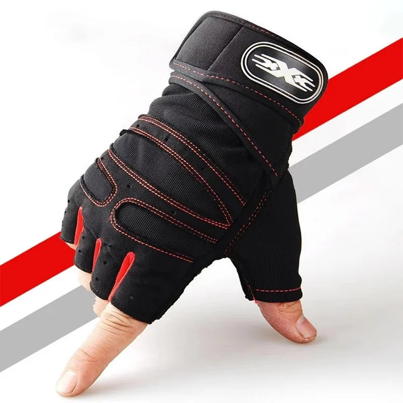 Black training gloves with red stitching, logo wrist patch, and padded finger guards