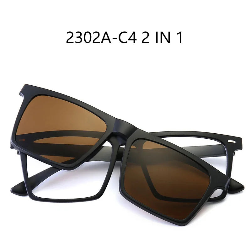 2-in-1 black frame glasses with brown clip-on tinted lenses