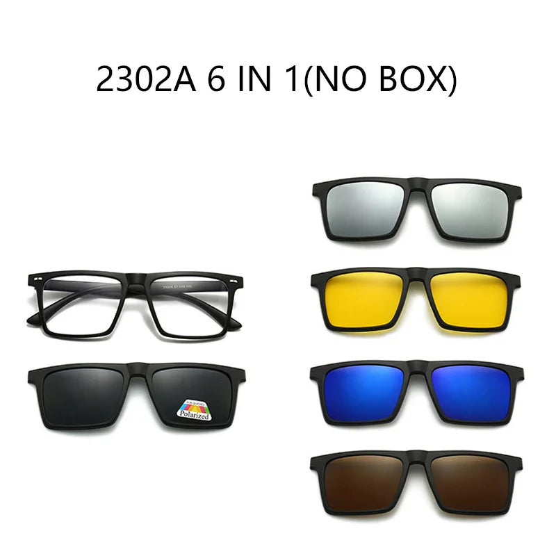 6-in-1 clip-on glasses set showing multiple lens colors: clear, yellow, blue, brown
