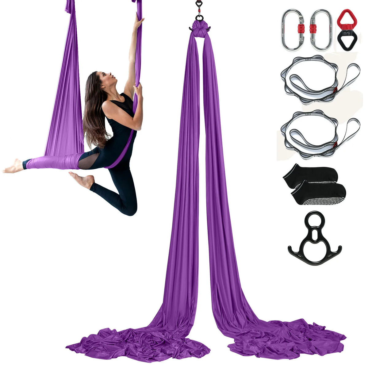 Purple aerial yoga hammock silk with hanging strap hardware and accessory components