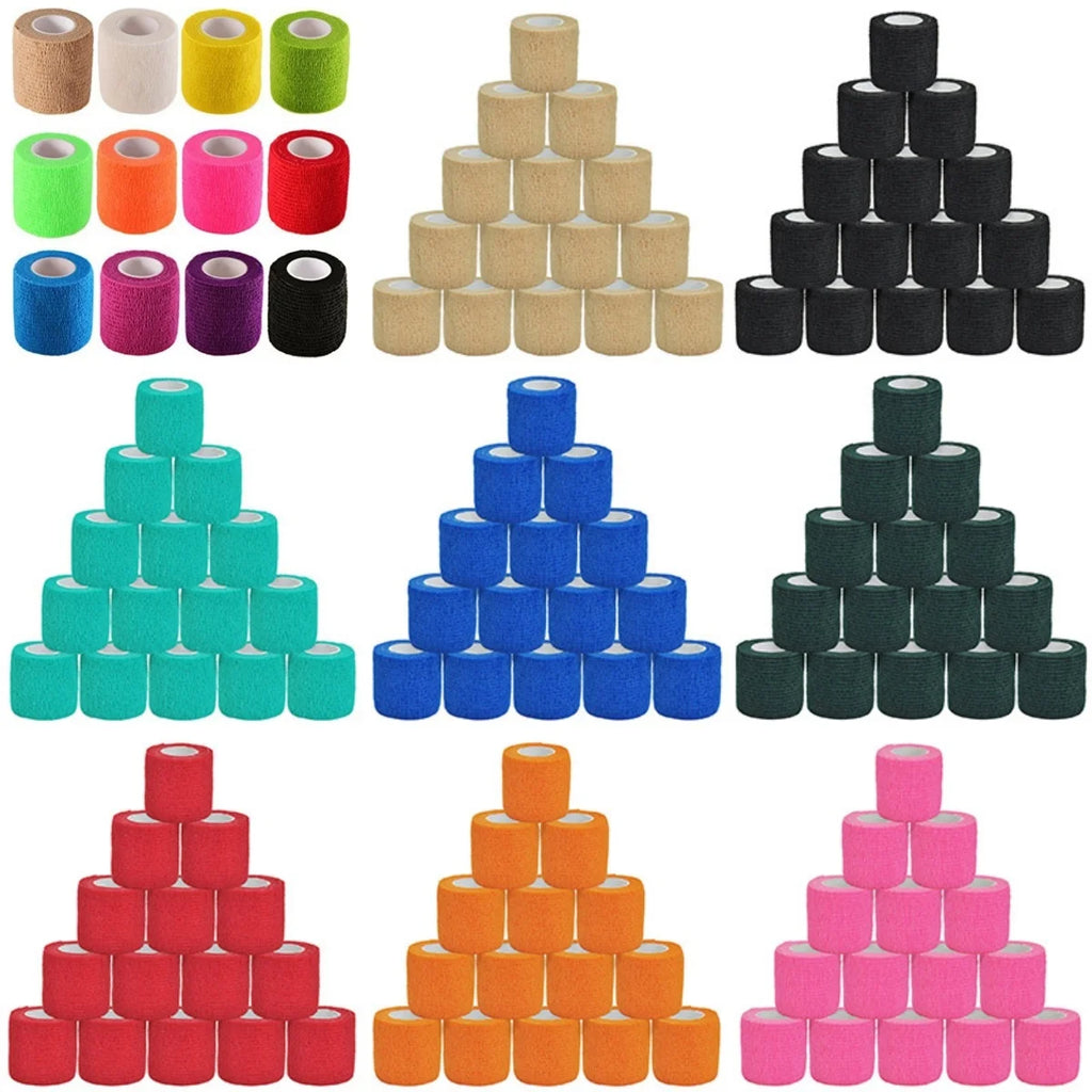 Stacked wrist bandage rolls in multiple colors: tan, teal, blue, black, green, pink