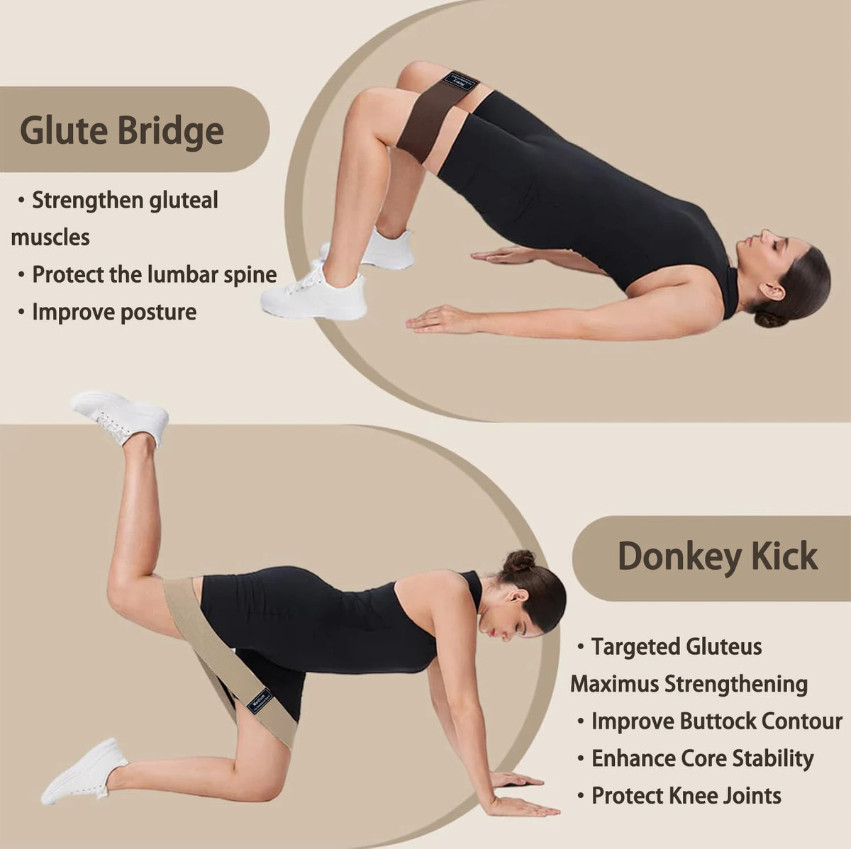 Glute bridge and donkey kick with resistance bands on legs