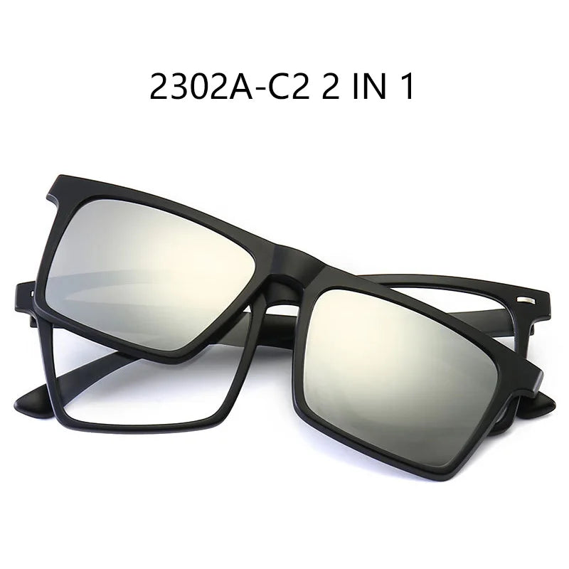 2-in-1 black frame glasses with silver mirrored clip-on tinted lenses