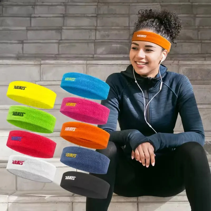 Cotton sport sweatbands in blue, pink, orange, green, and yellow with AOLIKES logo