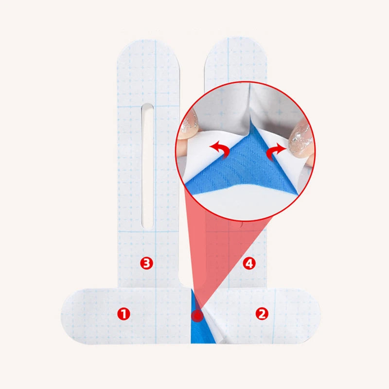 Precut knee tape application guide with blue strip placement diagram