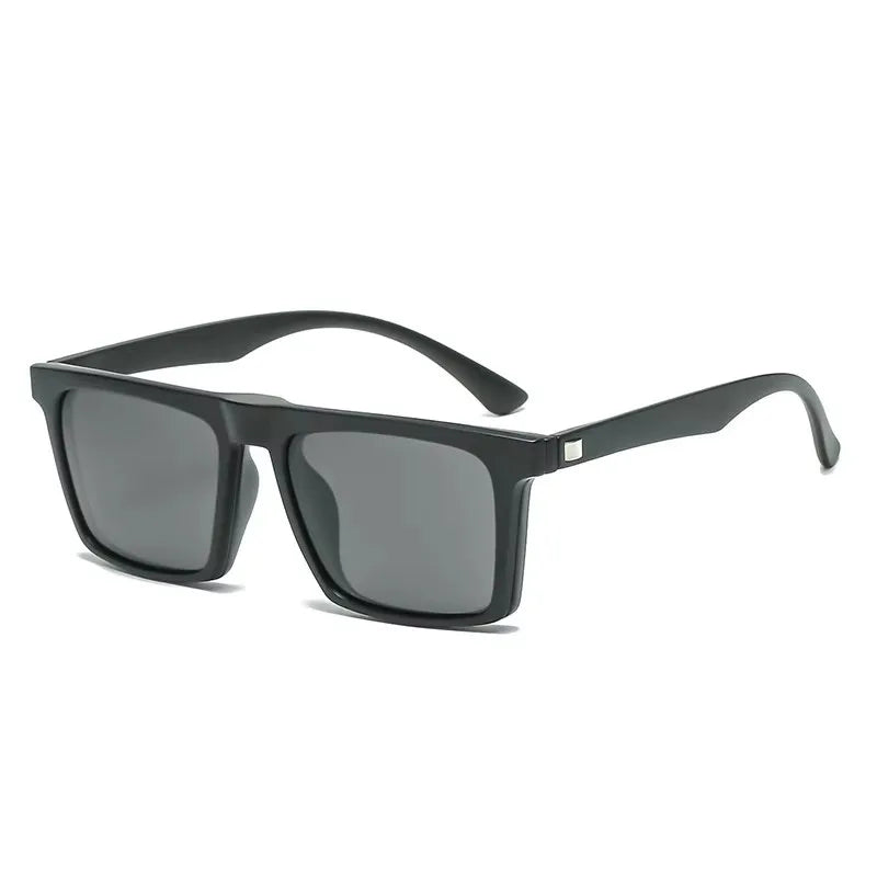 Black rectangular glasses with dark lenses and slim curved temples