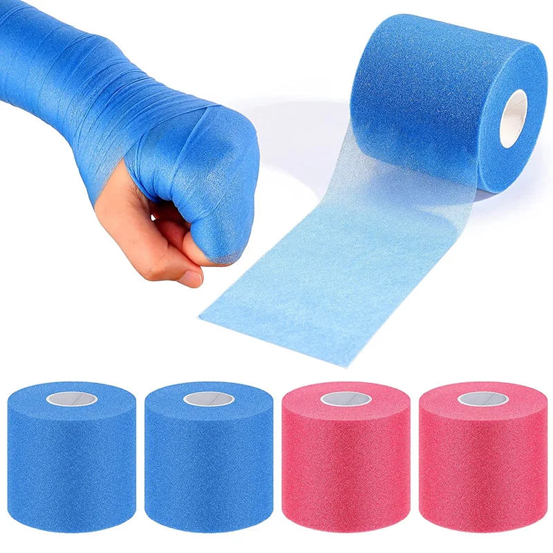 Blue foam underwrap tape roll with a hand applying tape; small rolls show blue and pink
