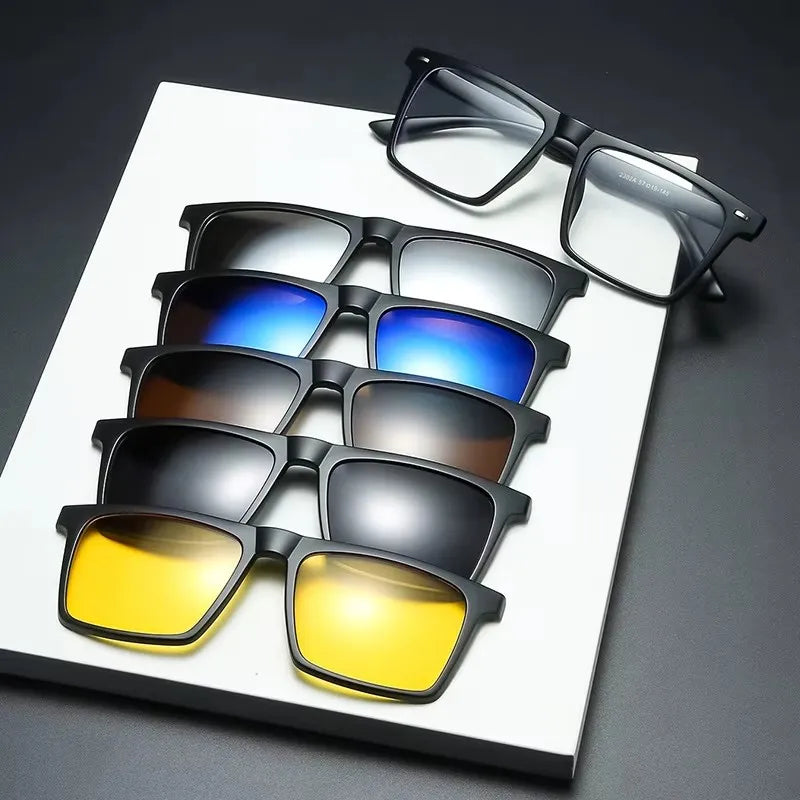 Black clip-on lens set with multiple mirrored colors, stacked on a display