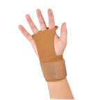 Aerial apparatus grip wraps pair, tan, on hand with three finger holes and wrist band