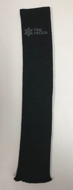 Black Kevlar fire performer sleeve, long tube shape with Fire Mecca logo.