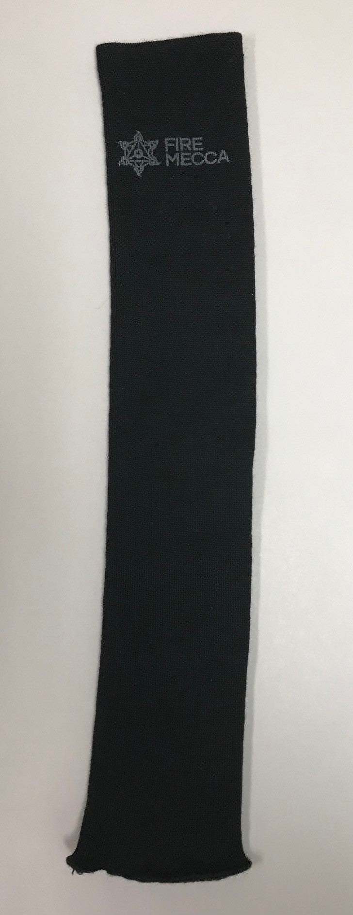Black Kevlar fire performer sleeve, long tube shape with Fire Mecca logo.