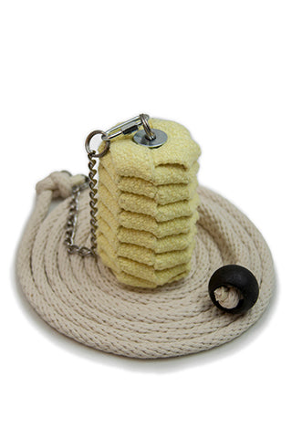 Rope dart with coiled beige cloth head, black end cap, chain connector, rope leash