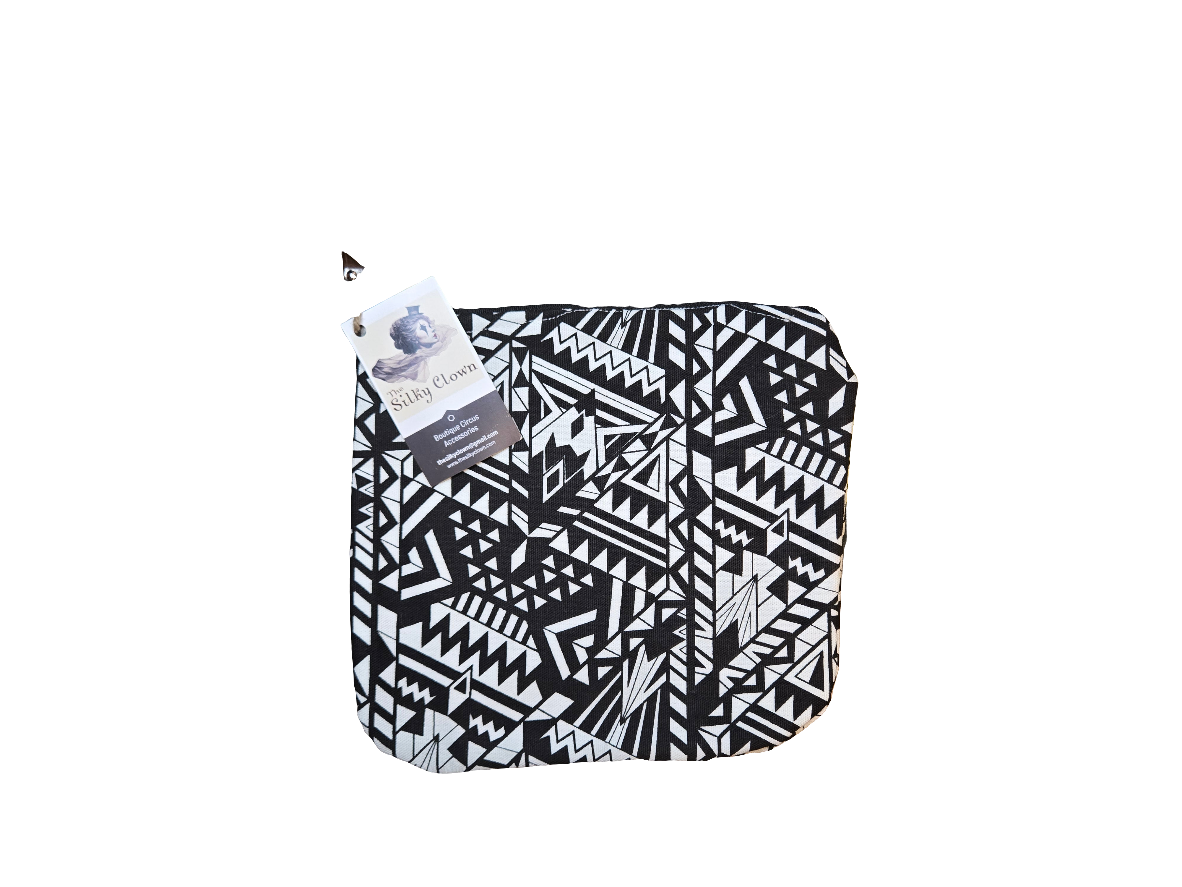 Black-and-white geometric pattern cloth gear bag with drawstring and fabric loop pull