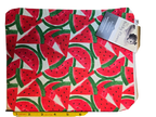 Handmade cloth gear bag with red watermelon print and green leaf motifs