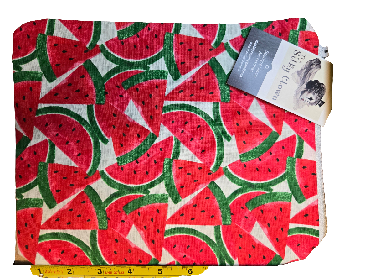 Handmade cloth gear bag with red watermelon print and green leaf motifs