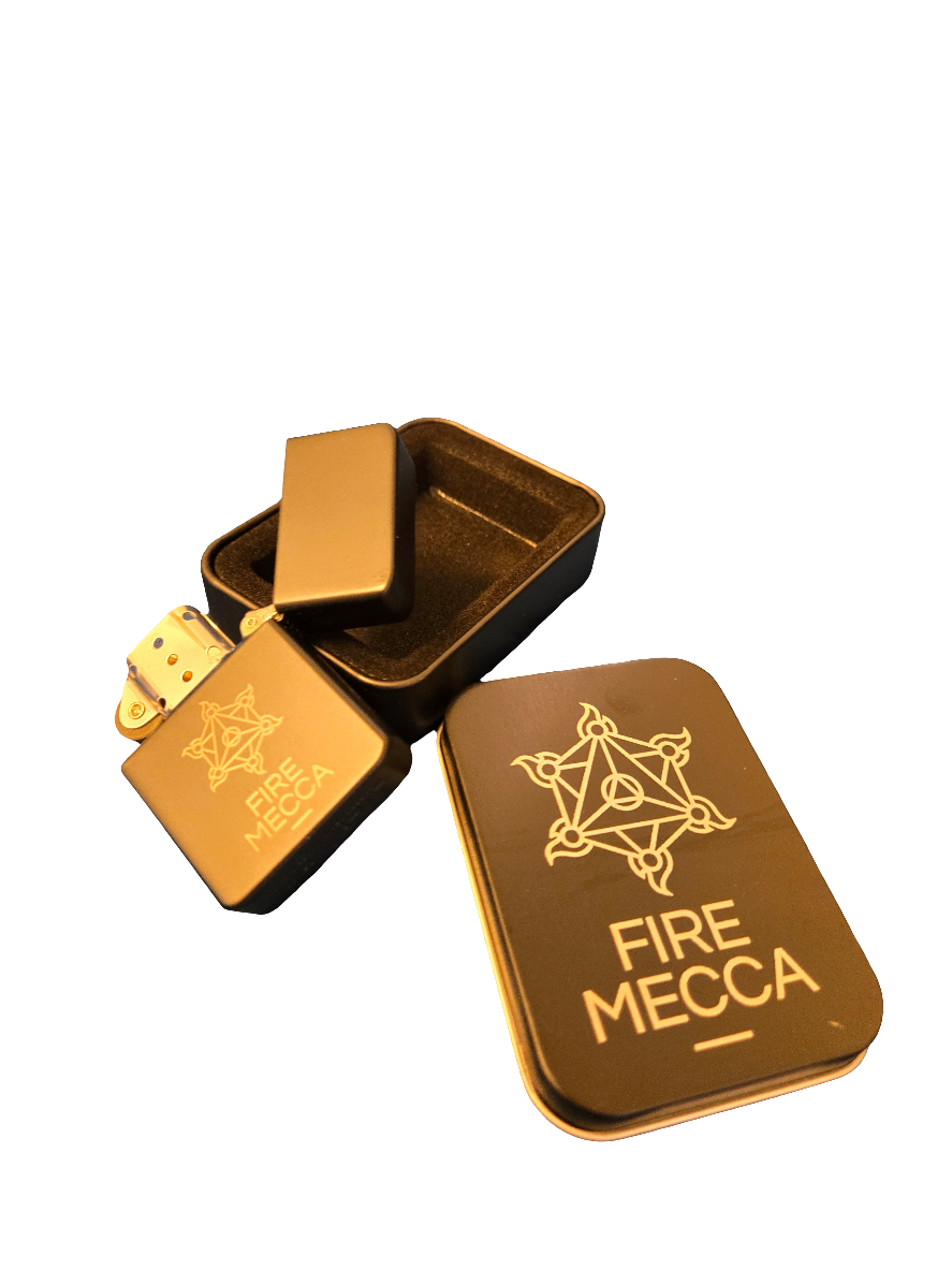 Engraved matte lighter with hinged cap open, Fire Mecca emblem and lettering