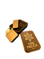 Engraved matte lighter with hinged cap open, Fire Mecca emblem and lettering