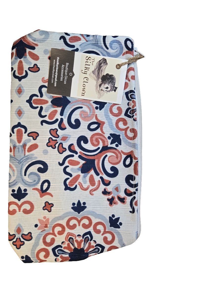 Multicolor ornate printed cloth gear bag with drawstring and fabric loop pull